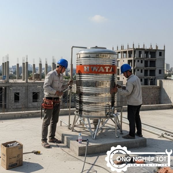 Kỹ sư Công Nghiệp Tốt lắp đặt bồn nước inox đứng 1000L tại công trình